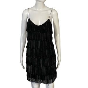 Sheri Bodell Black Silk Flapper Fringe Gold Chain Sleeveless Cocktail Dress Sz S